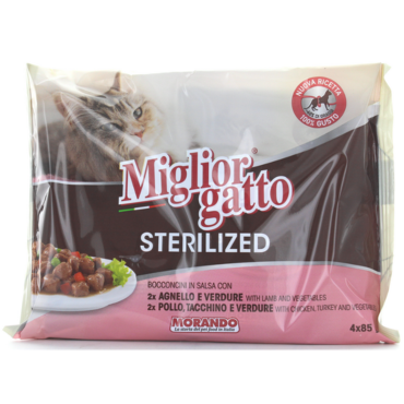 MIGLIOR GATTO STERILIZED BOCCONCINI CARNE 4 BUSTE DA 85 GRAMMI: 2 BUSTE POLLO TACCHINO E VERDURE - 2 BUSTE AGNELLO E VERDURE