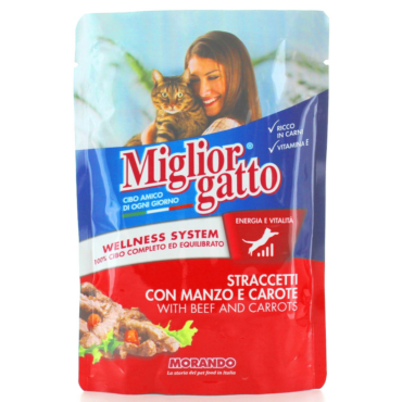 MIGLIOR GATTO STRACETTI CON MANZO E CAROTE BUSTA 100 GRAMMI