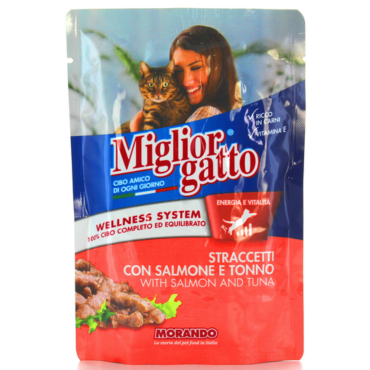 MIGLIOR GATTO STRACETTI SALMONE E TONNO BUSTA 100 GRAMMI