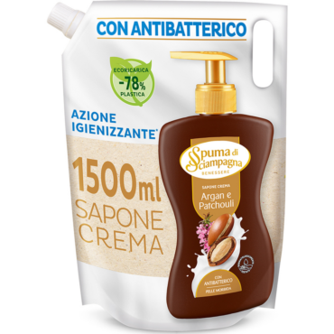 SPUMA DI SCIAMPAGNA SAPONE CREMA CON ANTIBATTERICO IGIENIZZANTE ARGAN E PATCHOULI RICARICA BUSTA 1500 ML