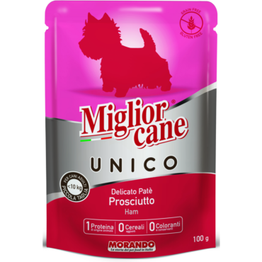 MIGLIOR CANE UNICO DELICATO PATE' DI PROSCIUTTO PER CANI INFERIORI A 10 KG BUSTA 100 GRAMMI
