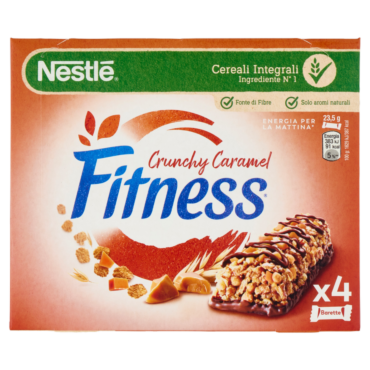 FITNESS CRUNCHY CARAMEL BARRETTE CEREALI INTEGRALI CON CIOCCOLATO E CARAMELLO 4 PEZZI DA 23,5G