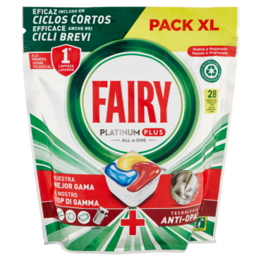 FAIRY PASTIGLIE LAVASTOVIGLIE PLATINUM PLUS ANTI-OPACO, DETERSIVO PIATTI LIMONE, 28 CAPSULE 434 G