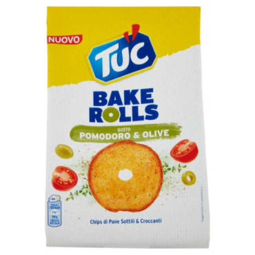TUC BAKE ROLLS, CHIPS DI PANE SOTTILE E CROCCANTE AL GUSTO POMODORO ED OLIVE 150 G